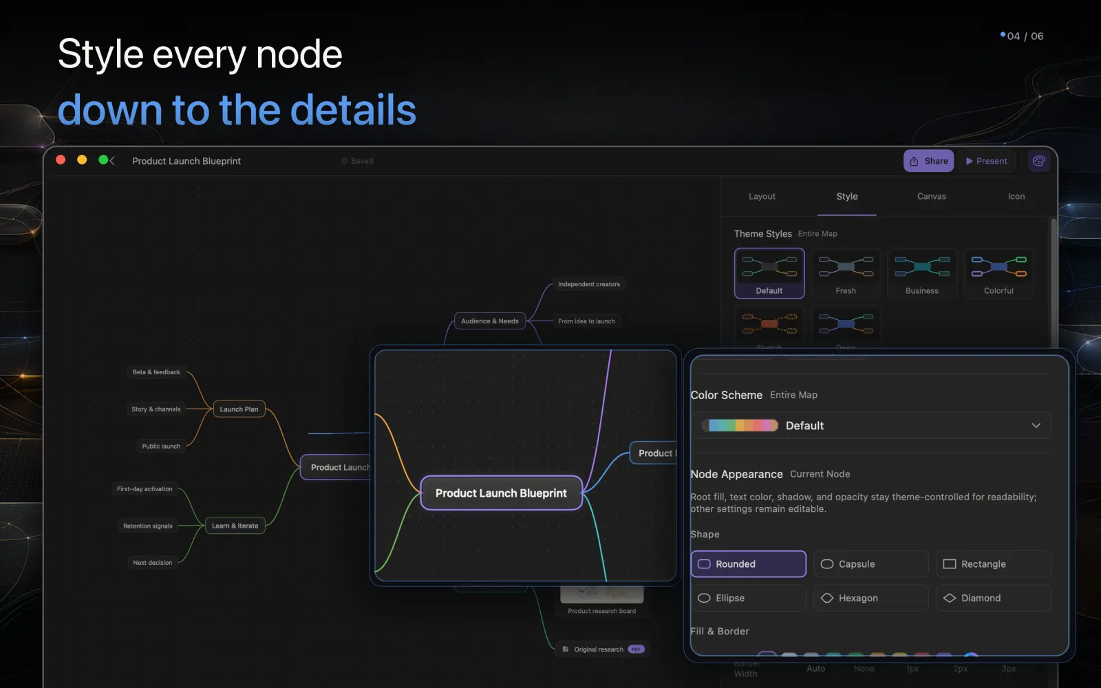 Current HMind macOS style inspector editing node appearance and colors